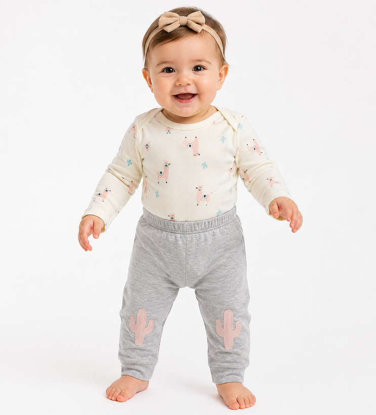 ست 4 تکه بادی و شلوار دخترانه برند PL Baby طرح لاما