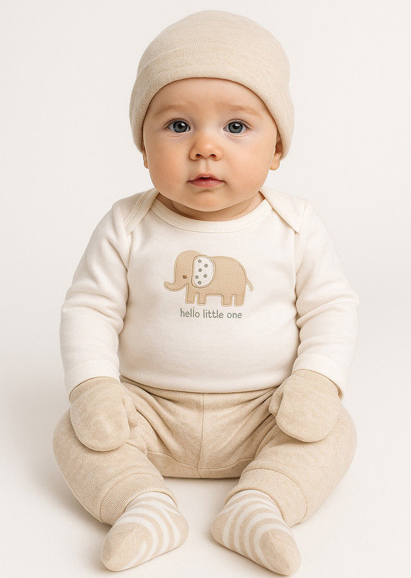 ست 4 تکه بادی و شلوار و کلاه و جوراب برند Rabbit Moon طرح فیل hello little one