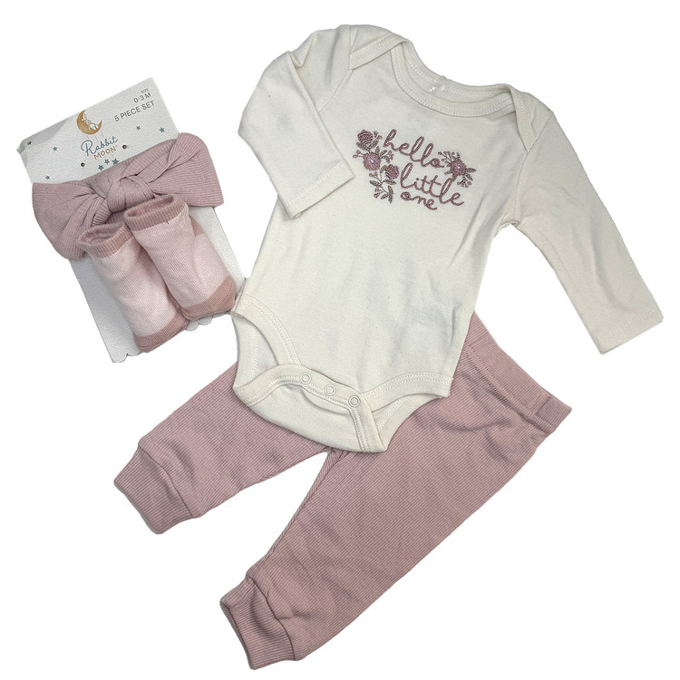 ست 4 تکه بادی و شلوار و تل و جوراب دخترانه برند Rabbit Moon طرح گل hello little one + همراه با بگ اختصاصی