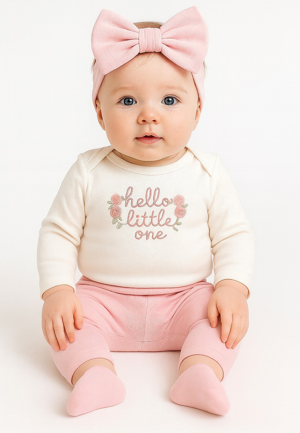 ست 4 تکه بادی و شلوار و تل و جوراب برند Rabbit Moon طرح گل hello little one + همراه با بگ اختصاصی